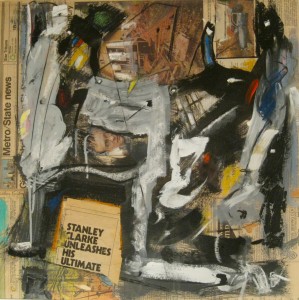 Tom Westberg - Stanley Clarke - AUG16C -22%22 x 22%22 - acrylic, charcoal, pastel and collage on newspaper 